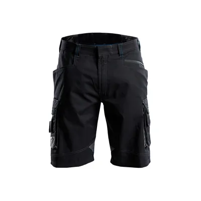 A pair of black cargo shorts with gray accents, shown against a white background.