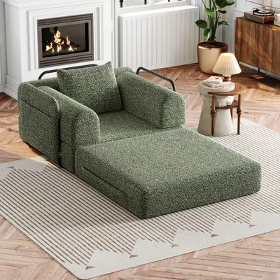 Image de Canapé-lit 2 en 1 en chenille, avec compartiment de rangement dans l'accoudoir, lit d'appoint peu encombrant, vert