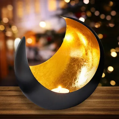 Productafbeelding van Marrakesh windlicht van metaal, zwart en goud, Moona, 20 cm. Groot. | Oosters, vintage theelichthouder, tuinwindlicht, geschikt als decoratie voor op tafel. | Metalen windlichten als moderne decoratie voor een bruiloft