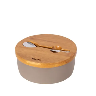 Produktbild von Zuckerdose Zuckerspender Zuckerbehälter Zuckerschale HYGGE Keramik mit Holzlöffel und Deckel 14x6 cm HOMLA