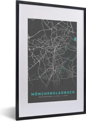Produktbild von MuchoWow® Gerahmtes Poster Blau - Deutschland - Karte - Stadtplan - Mönchengladbach 40x60 cm - Poster mit Schwarzem Bilderrahmen Wandposter Rahmen Foto Bilder - Poster in Rahmen