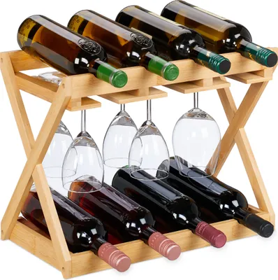 Produktbild von Relaxdays Weinregal mit Glashalter, 8 Flaschen & 6 Gläser, Bambus, HxBxT: 35 x 45 x 23 cm, Weinhalter stehend, natur