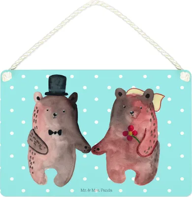 Produktbild von Mr. & Mrs. Panda holzbild Bär Heirat DIN A4 - Blau Pastell - Geschenk, Wandbild Holz, Türschild, Holzschild, wandtafel, Schild, Teddy