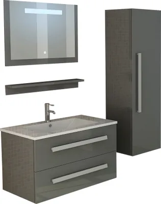Image de Jet-Line | Meubles de salle de bain | Ensemble | St. Moritz | Gris brillant | Meuble sous vasque | Meuble latéral pour lavabo en résine synthétique | Miroir avec éclairage LED
