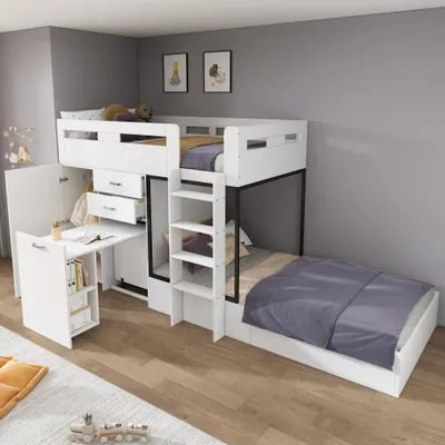Zdjęcie produktu dla Białe, wielofunkcyjne łóżko dla dzieci - łóżko piętrowe - 90 x 200 cm - rozkładany biurko - szafa - miejsce do przechowywania - drabinka - materac nie jest dołączony