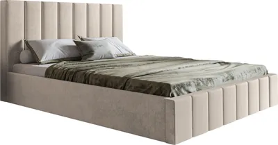 A beige upholstered bed with a fluted headboard and footboard, shown from a side angle against a white background.