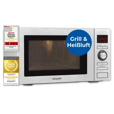 A silver microwave oven with various awards and promotional text overlays.