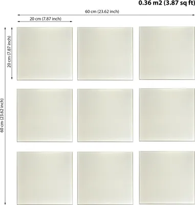 Nine square mirror tiles arranged in a 3x3 grid, with dimensions indicated by measurement lines and text.