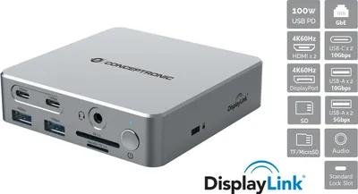 Produktbild von Conceptronic DONN25G 15-in-1 DisplayLink USB 3.2 Gen 2 Dockingstation, 4K60Hz Triple-Display, HDMI x 2, DisplayPort, USB-C 10 Gbit/s x 2, USB-A 10 Gbit/s x 2, USB-A 5 Gbit/s x 2, SD, TF/MicroSD, GbE, Audio, DC-Eingang, Sicherheitssteckplatz, PD 3,0