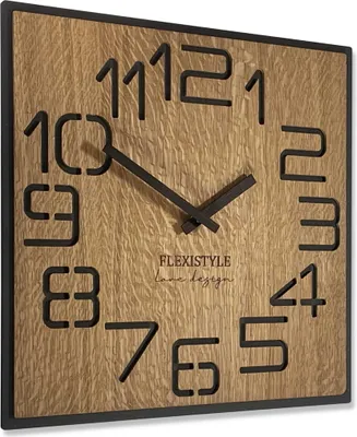 A square wooden clock with black numbers and hands.
