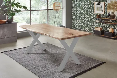 Produktbild von Esstisch Baumkante massiv Akazie natur 180 x 90 X-Gestell silber FREDERIK