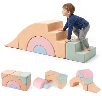 Produktbild von COSTWAY 5-teiliges Schaumstoffbausteine Set für Kinder ab 3+, Softbausteine mit abnehmbaren Bezügen, modulares Kindersofa, Kletterbausteine
