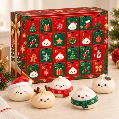 Produktbild von Weihnachtskalender mit 24 Squishy Figuren im Christmas-Bao-Stil kleine Überraschungen als Geschenk für die Adventszeit