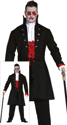 Produktbild von Vampir Graf Halloween Kostüm Mantel Hemd Gilet Hose Kragen Victorianer Unheimliche Verkleidung Gothic Eleganz Blutsauger Retro Nächte, Größe: 54 - 56 (XL) Farbe: Schwarz