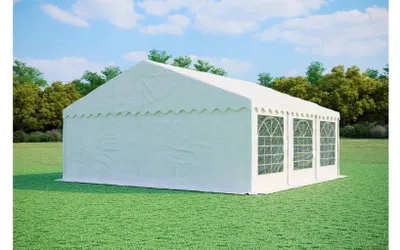 Produktbild von Partyzelt 6x6 m PREMIUM – PVC-Plane 500 g/m², flammhemmend, Bodenrahmen + Dachverstrebungen, bis 72 Personen - Weiß