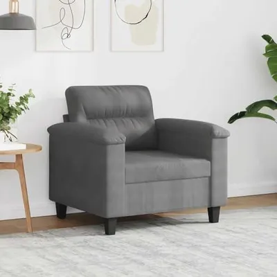 Obrázok produktu pre Tmavosivá kreslo, výška 60 cm, vyrobená z mikrovlákna, s opierkou chrbta, hrubým čalúnením sedacej časti a podrúčkami, stabilná kovová konštrukcia, moderný dizajn vhodný do obývačky, nosnosť do 110 kg