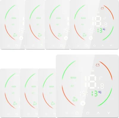 A collage of multiple white digital thermostats with digital displays.