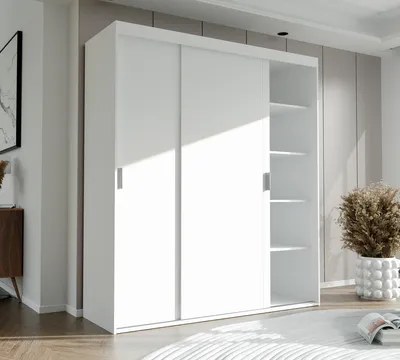 Produktbild von IDOHOME-Dreitüriger Schiebetürenschrank Kleiderschrank STILO 180 cm mit Regalen und Kleiderstangen Schrank Garderobe Weiß / Weiß Matt silberne Griffe