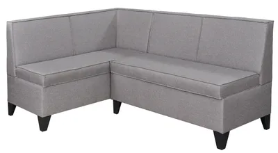 A gray L-shaped bench with storage. The shorter side is on the left.