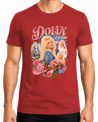 Immagine prodotto di Maglietta da uomo, colore rosso, taglia XL, con motivo retrò: Dolly Parton, cantante di musica country, cowgirl, chitarra western