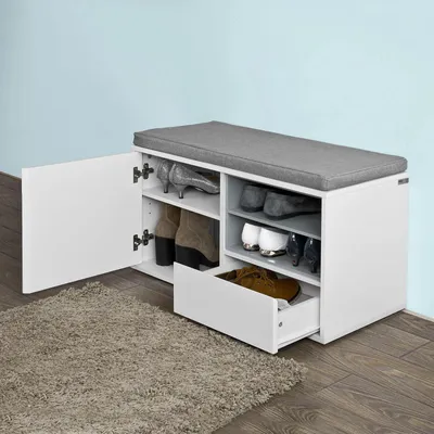 Obrázok produktu pre Lavica na topánky s vankúšom na sedenie – predsieňová lavica – 1 zásuvka – úložný priestor na topánky – drevo – 80 x 46 x 35 cm – minimalistický moderný dizajn – vyžaduje montáž – biela farba