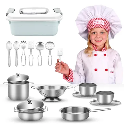 Image de Accessoires de cuisine pour enfants, ensemble de 17 pièces, en acier inoxydable, pour cuisine pour enfants, idéal pour les cuisines de jeu