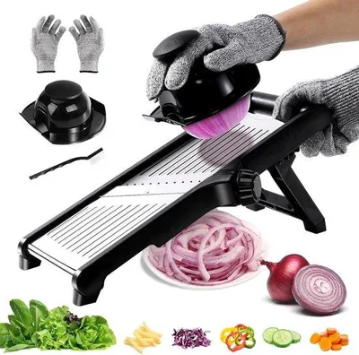 Obrázek produktu pro Nůžky na zeleninu Veerschar z nerezové oceli – nastavitelné, s 5 nástavci – na zeleninu, okurky, ovoce – včetně rukavic a čisticí kartáče