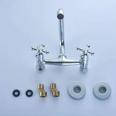A chrome-finished faucet with two handles and a U-shaped spout, along with some accessories, is displayed against a white background.