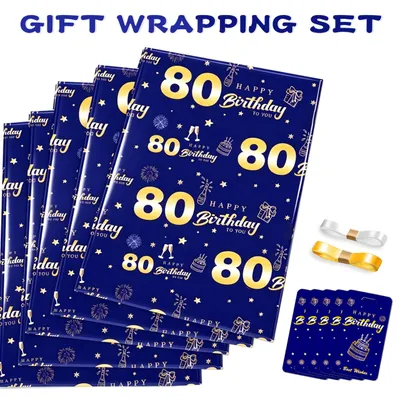Produktbild von Geschenkpapier 80. Geburtstag Männer, blau gold, 1 Rolle, Geschenkverpackung für Geburtstage