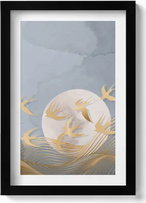 Produktbild von Illustration des Mondes und fliegender Vögel– Wandbild mit Rahmen – Gerahmtes Bild  – Wanddekoration – 20x30 cm – Schwarz