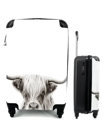 Produktbild von MuchoWow® Koffer Handgepäck Trolley Rollkoffer Kleine Reisekoffer mit 4 Rollen - Schottischer Highlander - Tiere - Schwarz - Weiß - Cabin Size < 55x40x23 cm & 55x40x20 cm - Fotokoffer - Kabinenkoffer - Boardgepäck - Reise-Box - Reisekoffer - Reisegepäck - Koffer mit Bild - Trolley für Kinder