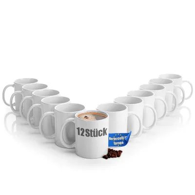 Produktbild von BigDean 12 Stück große Kaffeebecher weiß 300ml spülmaschinenfest aus hochwertigem Porzellan - Tassen zum Bemalen - Kaffeepott Glühweinbecher