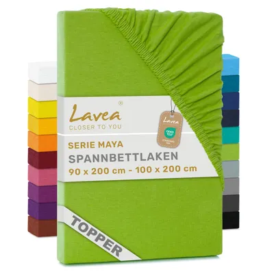 Produktbild von Lavea® Topper Spannbettlaken 90x200 cm - 100x200 cm, Maya 100% Jersey Baumwolle – Weiches Spannbetttuch Topper bis 10 cm- Apfelgrün