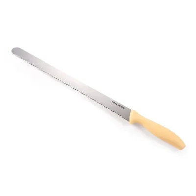 A long, serrated knife with a beige handle, lying on a white background.