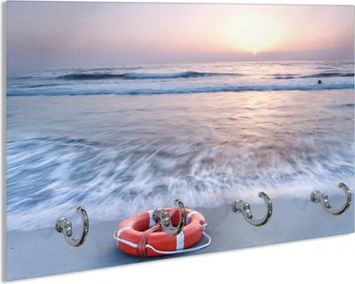 Produktbild von Wallario Schlüsselbrett aus Glas, Motiv: Rettungsring am Strand bei Sonnenuntergang, 30 x 20 cm mit 4 Haken