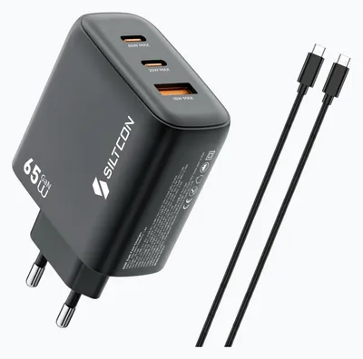 Productafbeelding van Siltcon® 3-in-1 Snellader USB-C 65W - USB C Adapter - Geschikt voor Snellader Samsung - Oplader USB-C - 2x USB-C PD 65W - 1x USB-A PD 22.5W - GaN - Universeel o.a. Telefoons, Laptops - 2 Meter 65W USB-C Snellaadkabel