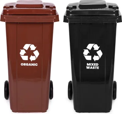 Image de Lot de 2 poubelles de 120 L - Noire et marron, PEHD, à roulettes
