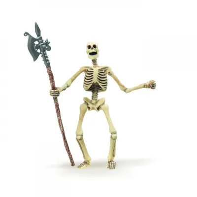 A toy skeleton figure holding a halberd, isolated on a white background.