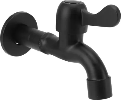 A black faucet mounted on a white background.