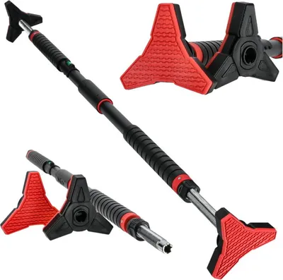 A pull-up bar with red triangular end pieces against a white background.