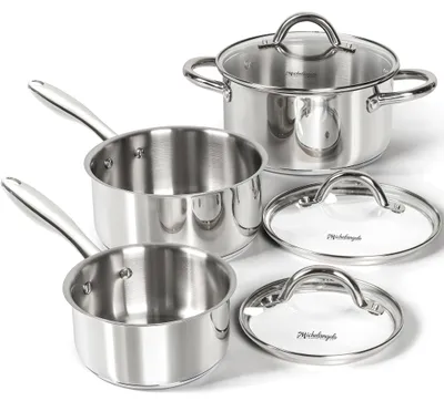 Produktbild von MICHELANGELO 6-teiliges Stielkasserollen-Set, 1 l, 2 l, 2,8 l, Edelstahl 18/10