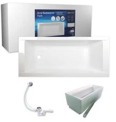 Produktbild von sanicomfort Badewanne Komplettset Form Rechteck 170x75 cm – Acryl-Badewanne weiß mit Wannenträger & Ablaufgarnitur, Wärmedämmung & Schalldämmung, pflegeleicht & robust