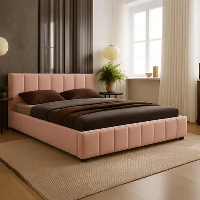 Produktbild von Polsterbett Nero mit Kopfteil, 180x200 cm, Doppelbett mit Bettkasten und Lattenrost aus Holz, Velourstoff: Rosa
