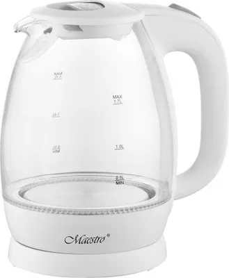 A white glass electric kettle is shown against a white background.