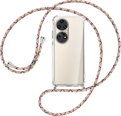 Produktbild von Handykette Backcover-Schutzhülle mit Band (Metall silberfarben) für Huawei P50 Pro - rosa Karo