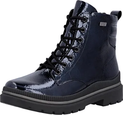 A single blue patent leather boot with black laces and a thick black sole, shown against a white background.