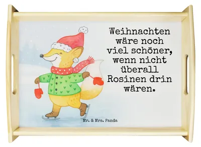 Produktbild von Mr. & Mrs. Panda sofatablett Fuchs  Schlittschuhe Design - Weiß - Geschenk, Weihnachten, Weihnachtsmann, Tannenbaum, Winter, serviertablett holz, Weihnachtsbaum, Tablett