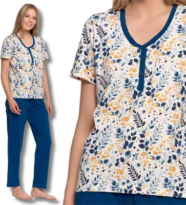 Produktbild von Damen Schlafanzug Mit Blumenmuster Zweiteilig Kurze Ärmel Lange Hosen Moraj Xxl