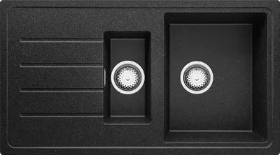 A top-down view of a black granite kitchen sink with two basins and a drainboard.