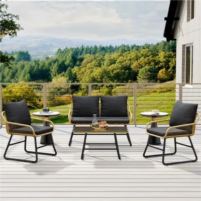 Produktbild von Yaheetech 4-tlg. Gartenmöbel-Set aus Polyrattan, 2-Sitzer & 2 Sessel & 1 Tisch, Lounge-Set mit Sitzkissen, Sitzgruppe für Balkon Terrasse, Bohème-Stil